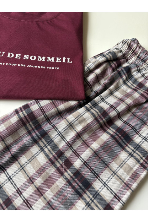 Чоловіча бавовняна піжама "SOMMEIL" футболка та штани в клітину, бордо