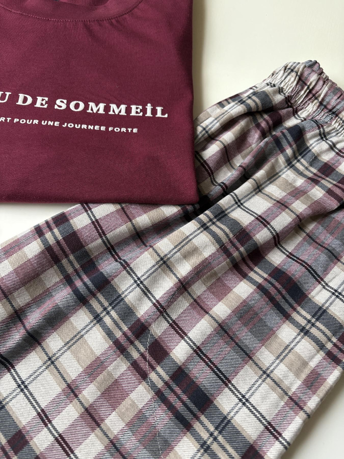 Чоловіча бавовняна піжама "SOMMEIL" футболка та штани в клітину, бордо