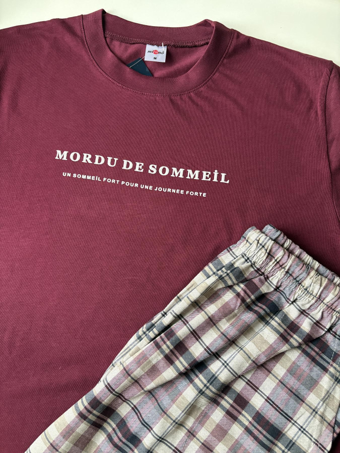 Чоловіча бавовняна піжама "SOMMEIL" футболка та штани в клітину, бордо