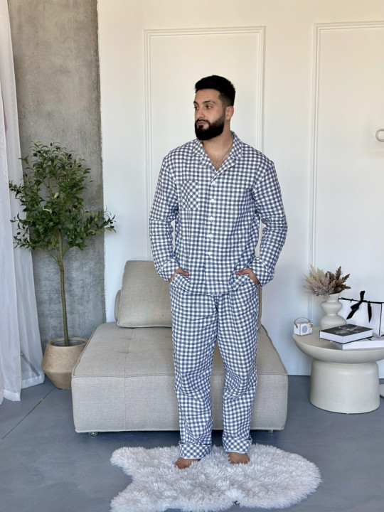 Піжама чоловіча COSY з фланелі (штани+сорочка) «COSY Harmony», клітина сіро-біла