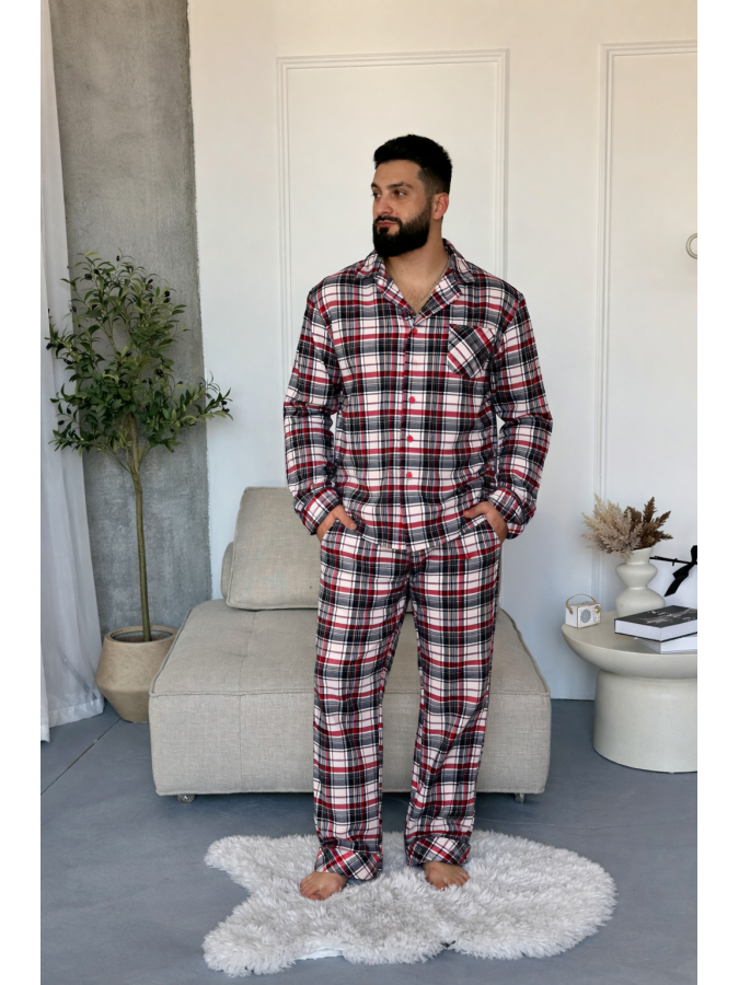 Піжама чоловіча COSY з фланелі (штани+сорочка) «Ловець снів», бордово-сіра клітинка