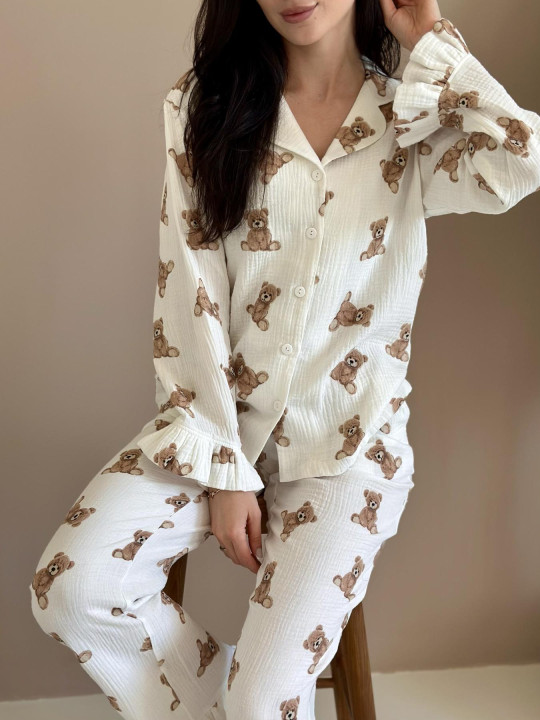 Женская пижама муслиновая пижама рюши рубашка+брюки, мишки Teddy