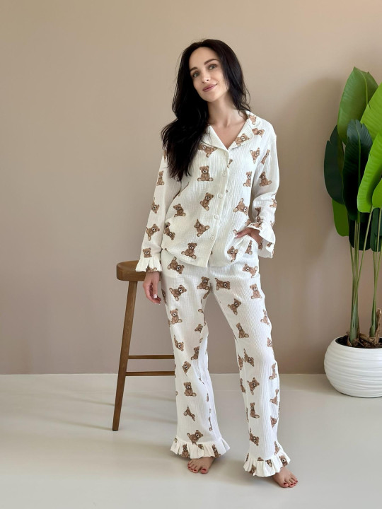 Женская пижама муслиновая пижама рюши рубашка+брюки, мишки Teddy