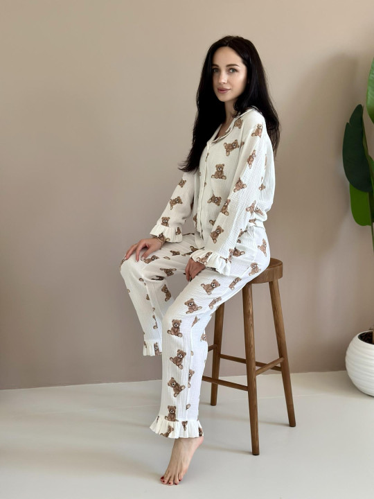 Женская пижама муслиновая пижама рюши рубашка+брюки, мишки Teddy