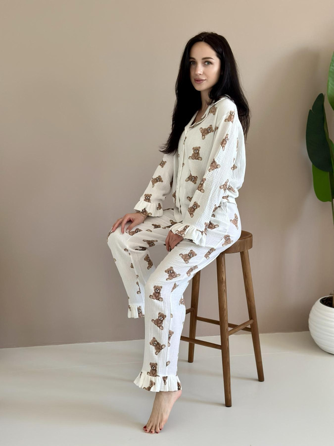 Женская пижама муслиновая пижама рюши рубашка+брюки, мишки Teddy