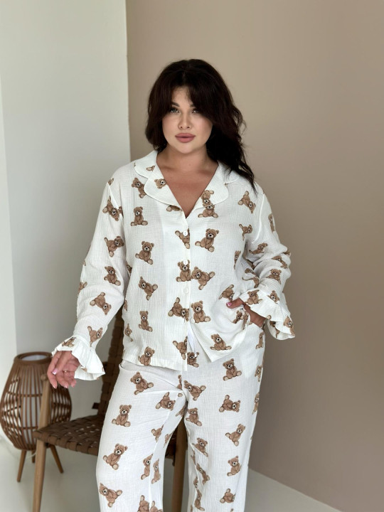 Женская пижама муслиновая пижама рюши рубашка+брюки, мишки Teddy